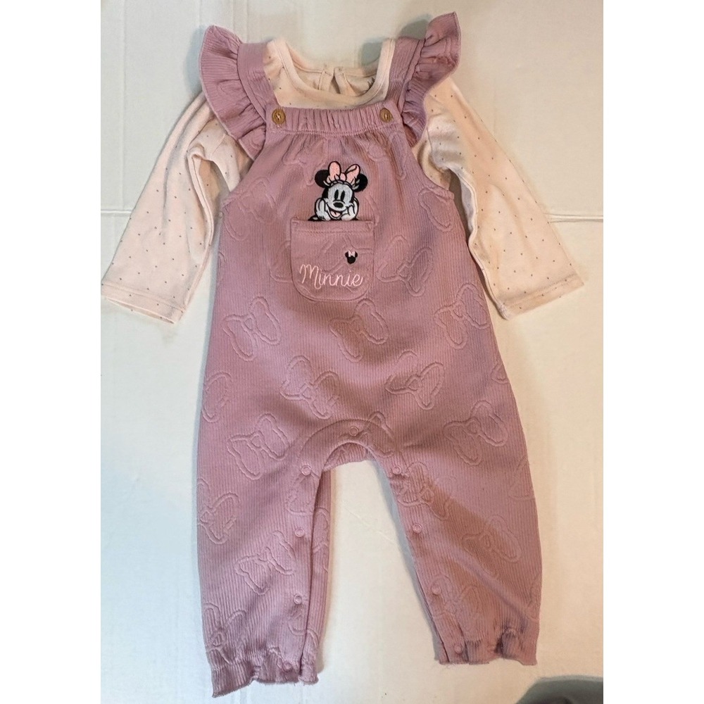 Disney Baby Minnie Mouse Overalls Set 12M Pink Ribbed Bow Romper Long Sleeve 2Pc
